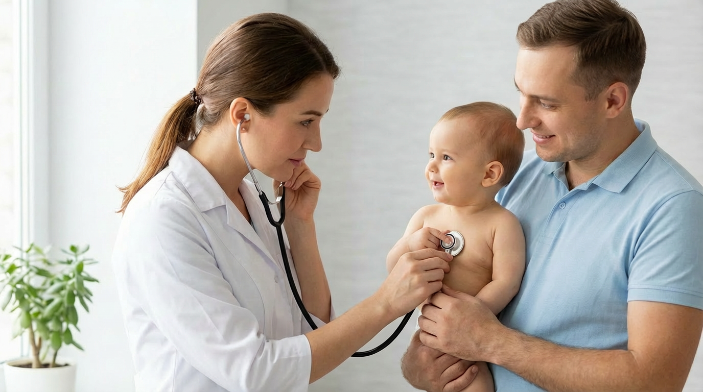 Healthcare professional examining a baby with caring father - Health Clinic Salud & Familia